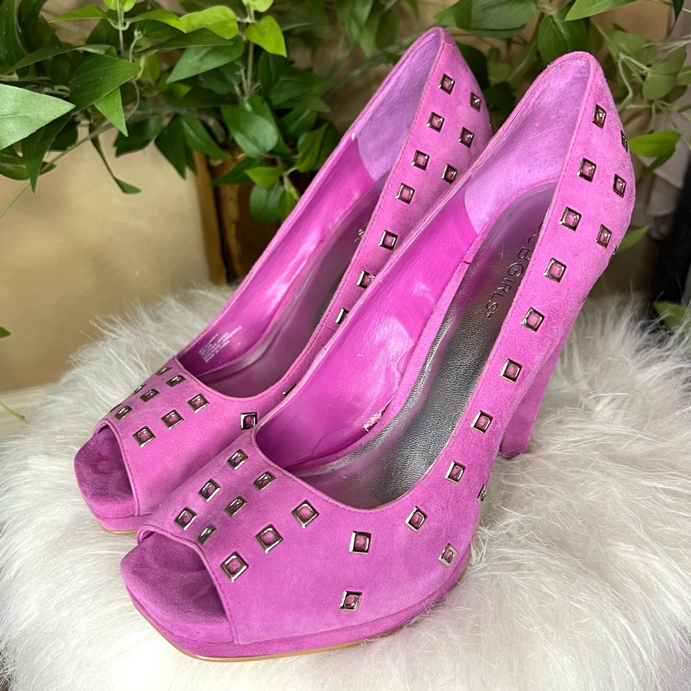 BCBG Girls Purple suede platform heels with silver stud embellishments